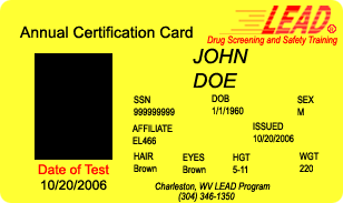 LEAD Drug Free Photo Certification Card - Front